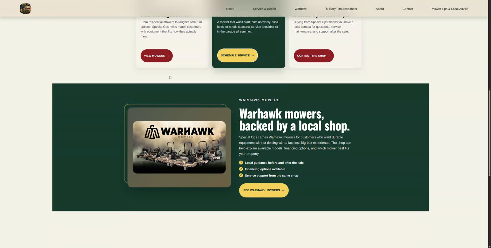 The new Special Ops Mower Warhawk dealer page