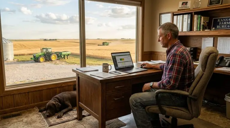 Rural Kansas farm office with wheat fields and Labrador retriever