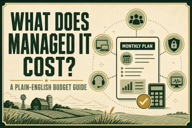 Managed IT services cost guide showing a monthly plan, users, devices, cybersecurity, support, monitoring, and a calculator.