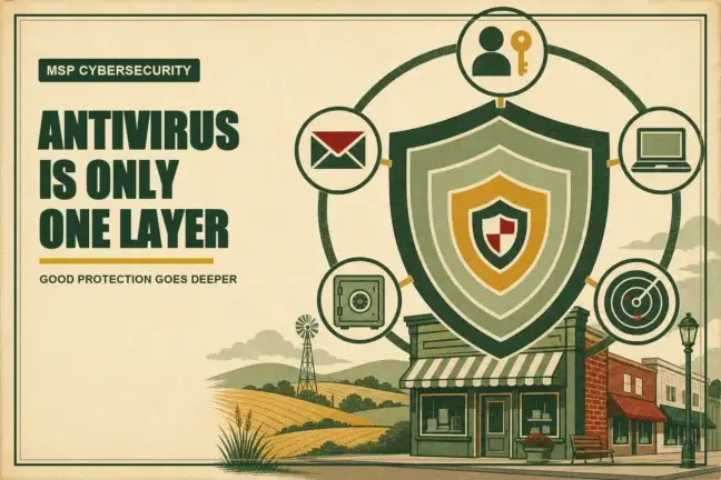 MSP cybersecurity protection shown as layered defenses around a rural Kansas small business.