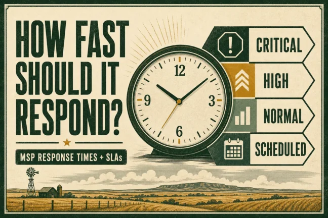 MSP response-time priorities shown with a clock and critical, high, normal, and scheduled service levels.