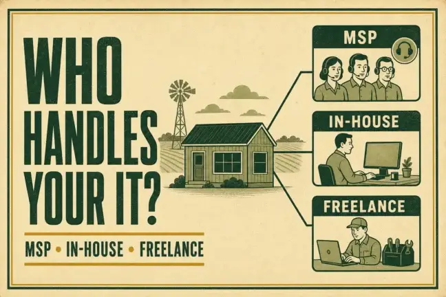 Small business IT support options showing an MSP team, an in-house employee, and a freelance technician.