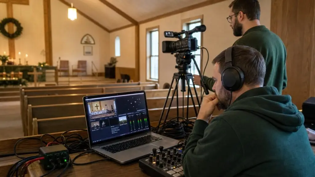 Church streaming platform comparison with volunteers, camera, mixer, and laptop