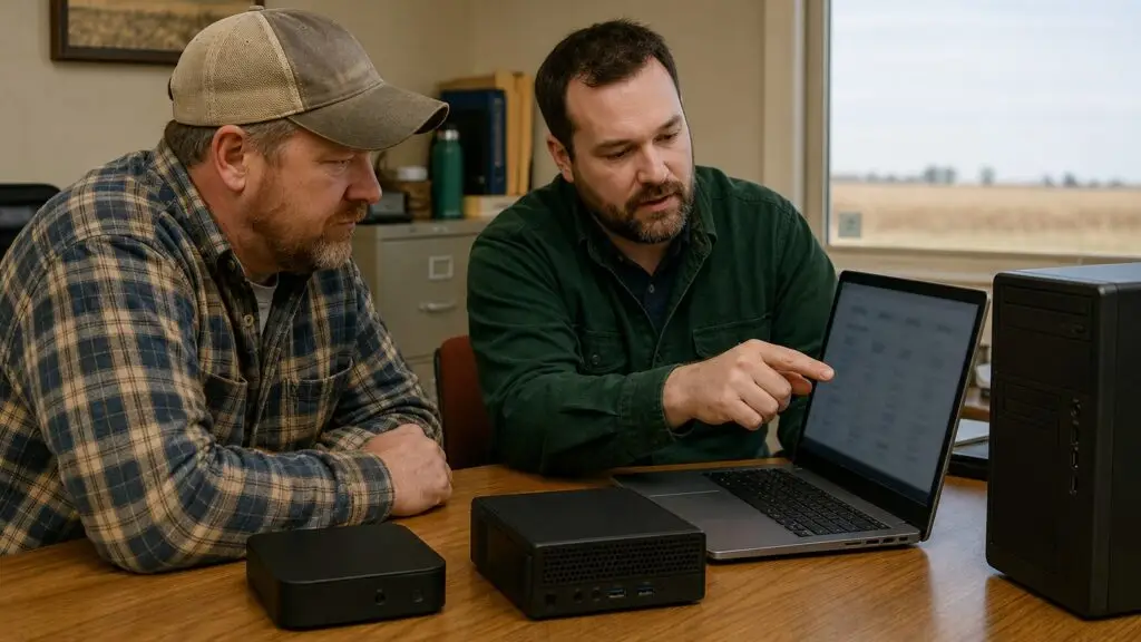 Small-business owner and IT technician comparing a value mini PC, business micro PC, and desktop tower