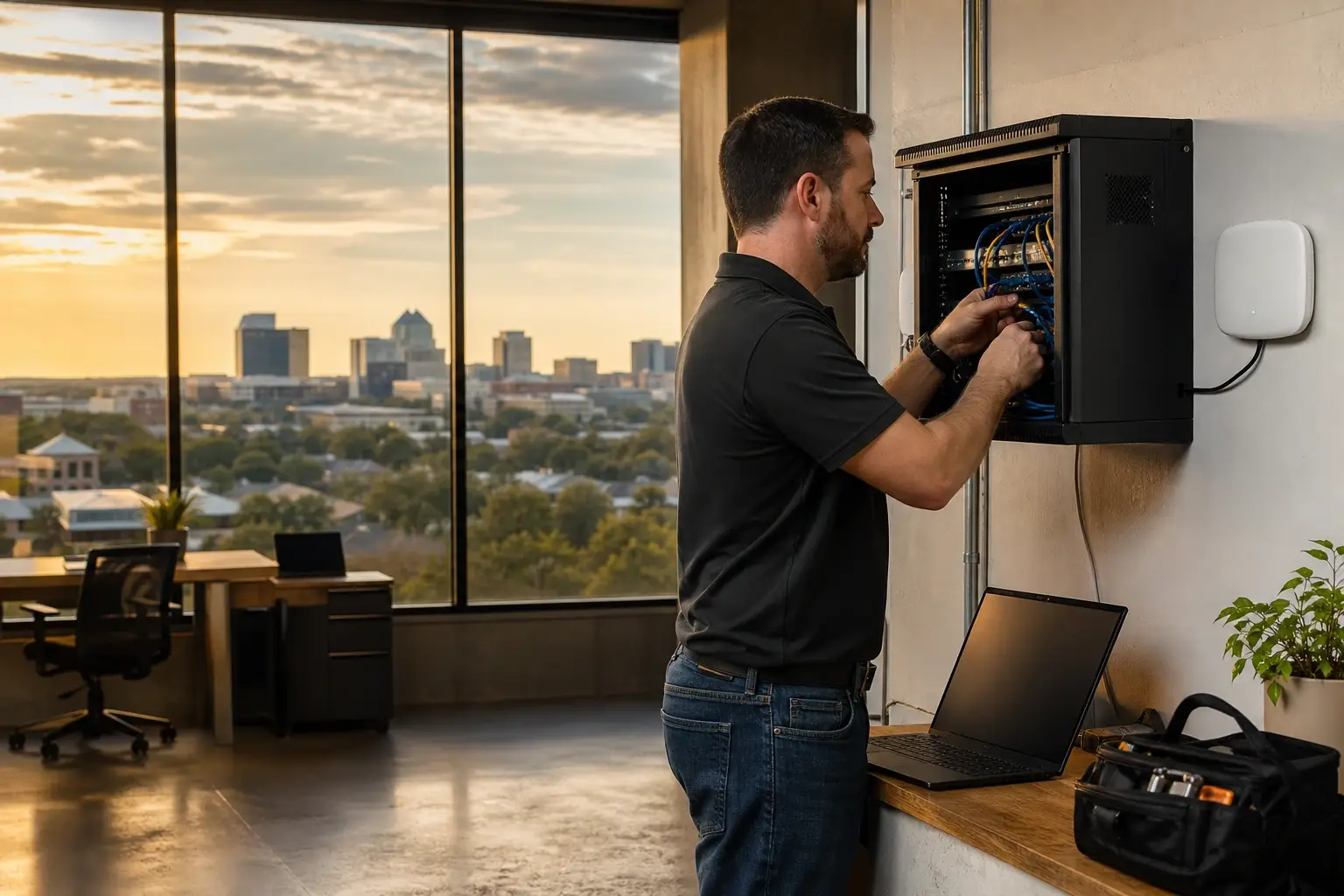 Technician supporting a small-business network with the Wichita skyline in the background